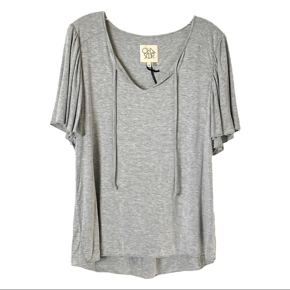 🌺 Chaser Jersey Heather Gray Flounce Sleeve Top w/ Ties NWT Size M - Picture 1 of 8
